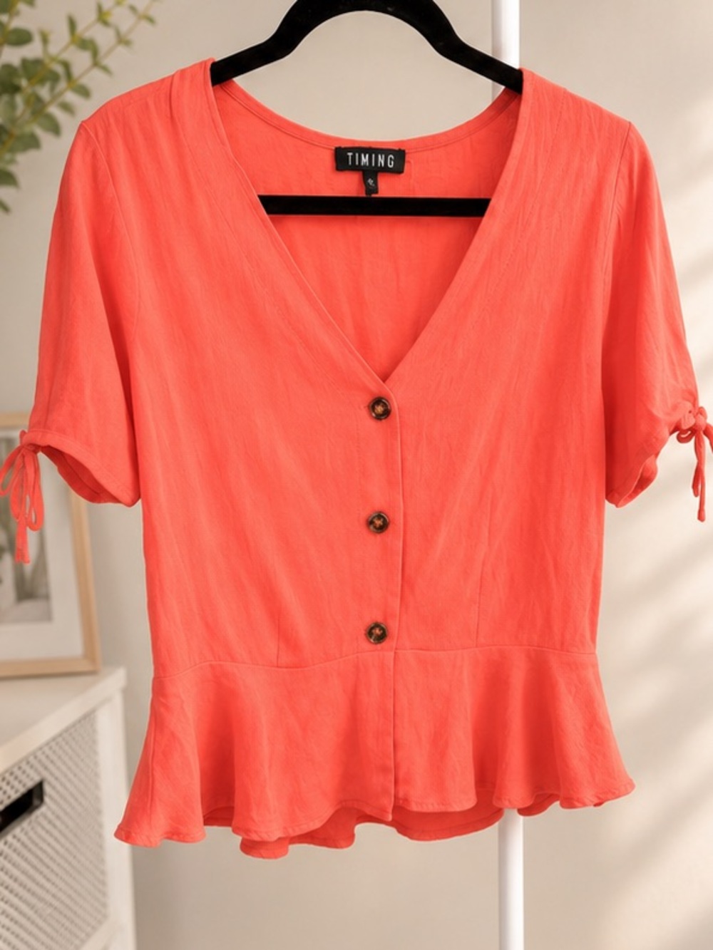 Timing Coral Button-Front Peplum Blouse with Tie Sleeves